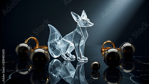 Transparent glass fox figurine on dark reflective surface with black spheres and gold rings