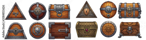Set of Decorative Wooden Treasure Chests and Locked Vaults in Fantasy Pirate and Medieval Style