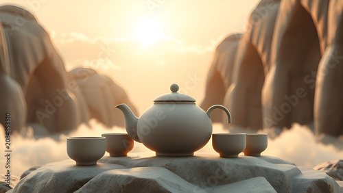 Ceramic teapot and small tea cups on rocks in a mountain landscape at sunset