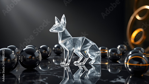 Modern geometric crystal fox sculpture on black reflective surface with glossy spheres and light rays