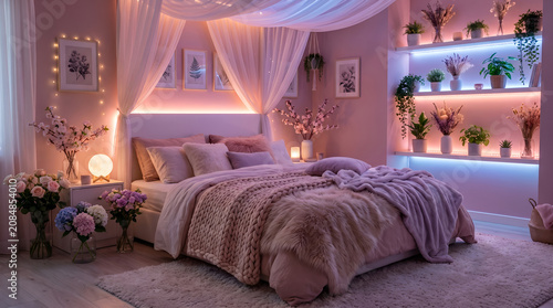 Modern bedroom with canopy bed and pink ambient led lighting and potted indoor plants