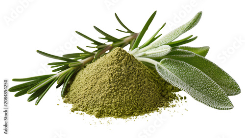 Bild auf Leinwand Isolated pile of green herbal powder with fresh fragrant rosemary and sage leave