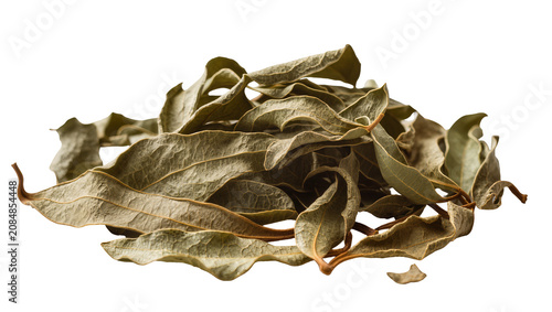 Isolated pile of dried green-brown leaves, natural organic botanical ingredient for herbal medicine