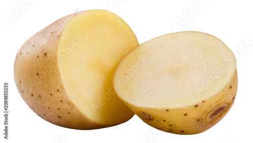 Canvas-taulu Isolated fresh raw potato vegetable cut in half, showing textured organic starch