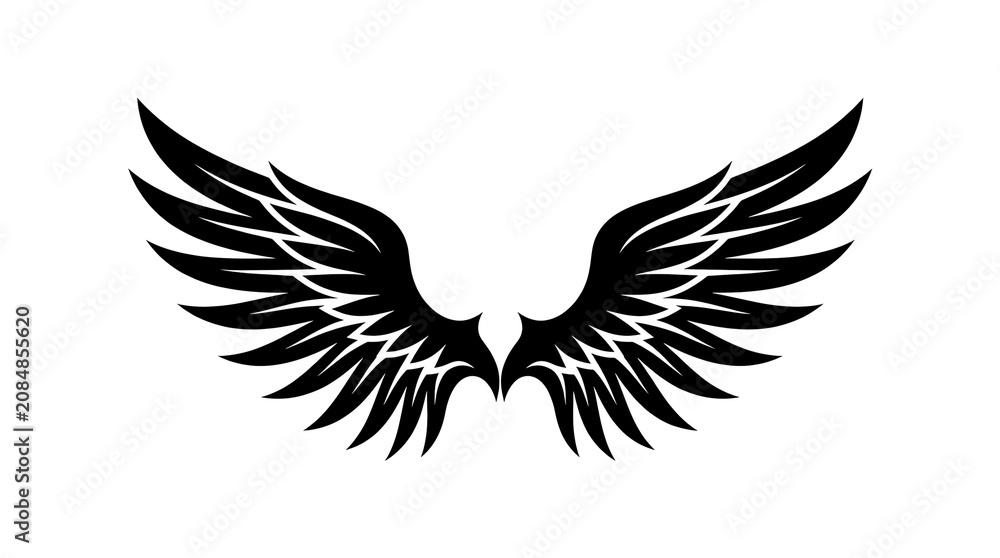 Fototapeta premium Stylized tribal wings vector illustration. Black eagle or angel wings silhouette isolated on a white background, perfect for tattoo design, motorcycle club logos, heraldry, and gothic art.