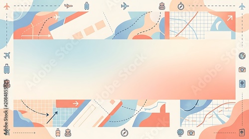 Travel route map illustration with airplane luggage and navigation icons