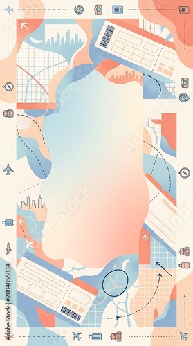 Colorful Map Illustration With Travel Route And Airport Symbols
