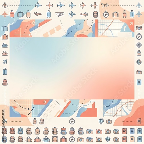 Travel themed icons and map illustration set for planning vacations