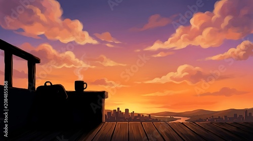 Serene Sunset View From Rooftop With Coffee Mug And Backpack
