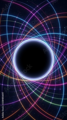 Vibrant neon grid lines swirling around a dark circular void in deep space