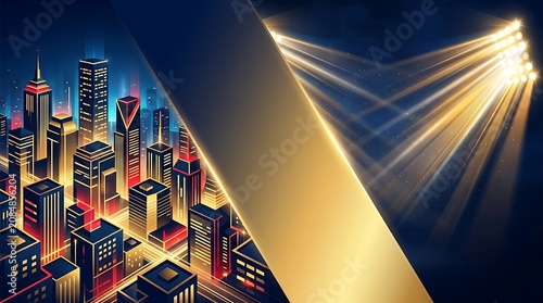 Illuminated Futuristic Cityscape with Dramatic Spotlights Shining from Above