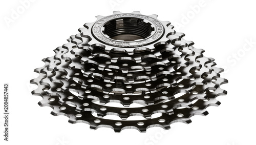 Isolated new shiny bicycle cassette gear set for road or mountain bikes, component detail