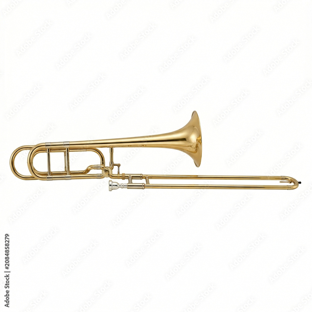 Fototapeta premium Trombone instrument in shiny brass color on white background