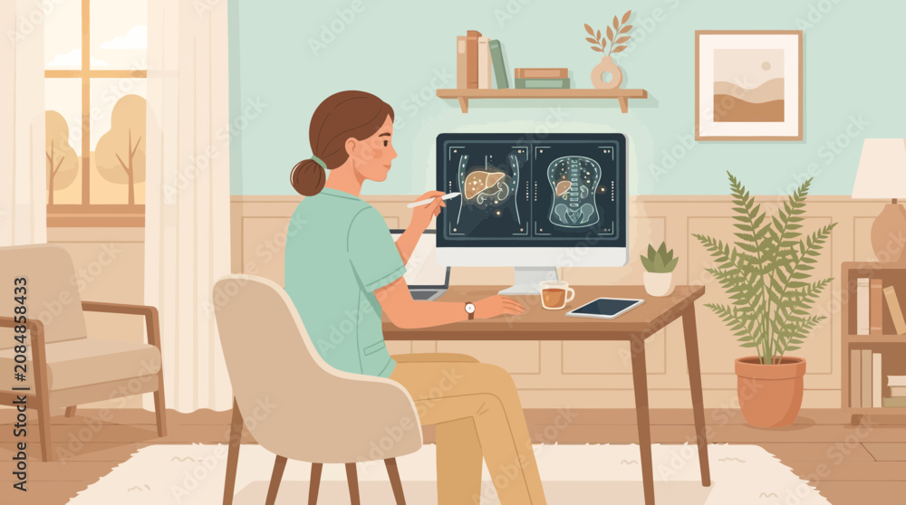 Fototapeta premium Doctor examines MRI scan on computer, remote work, medical study