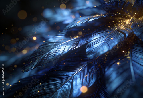 Close-up of luxurious blue feathers with golden sparkles and bokeh