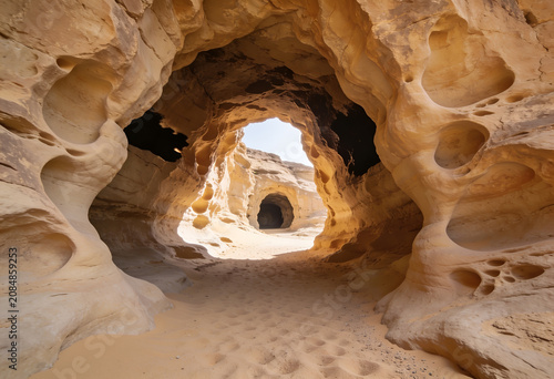 Natural sandstone cave with unique erosion patterns and tunnel