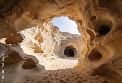 Natural sandstone cave formation with openings to the desert sky