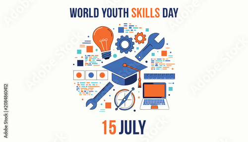 Graphic illustration celebrating world youth skills day with educational icons