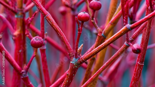 Vibrant Red Stems of Siberian Dogwood Shrub in Spring