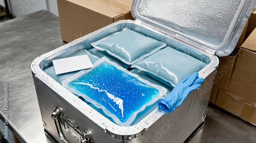 Cold chain packing station with insulated box and gel packs
