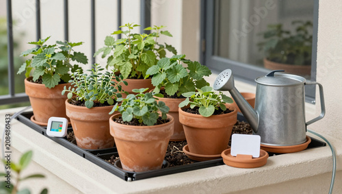 Waterwise balcony herb garden with drip tubing and terracotta pots