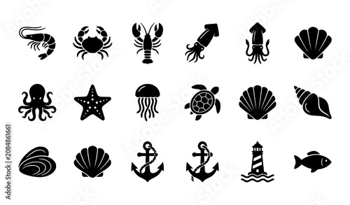 Bilde på lerret Black Marine Animal and Seashell Icon Pack Vector Collection