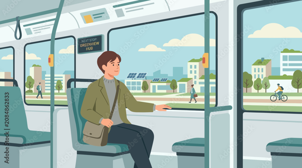 Fototapeta premium Commuter on bus window seat looking at modern city, eco-friendly transport concept