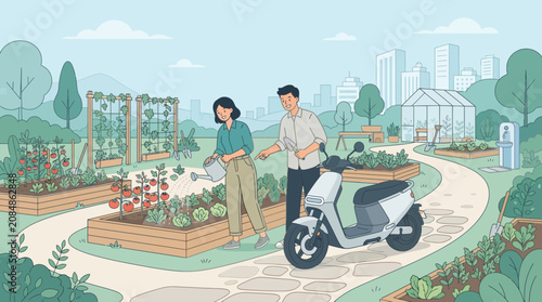 Couple tending urban garden with electric scooter nearby, city skyline