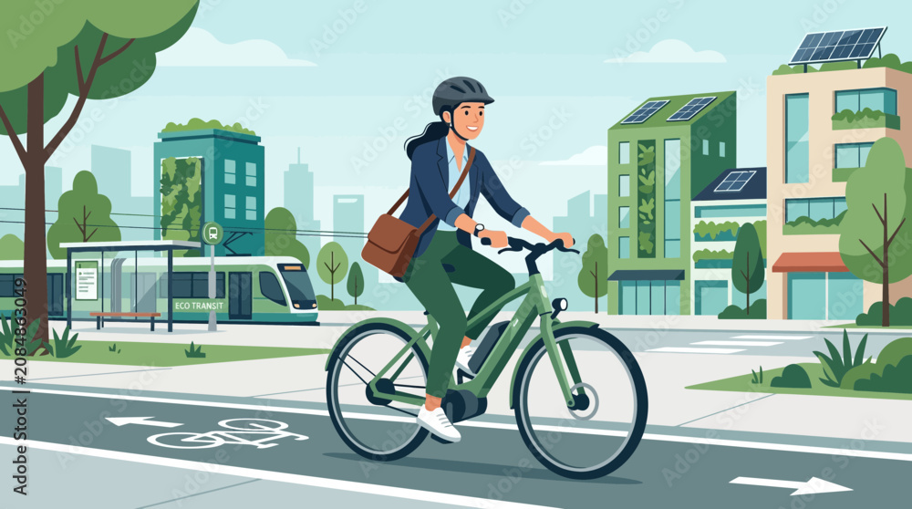 Fototapeta premium Woman cycling to work in eco-friendly city with electric bike.