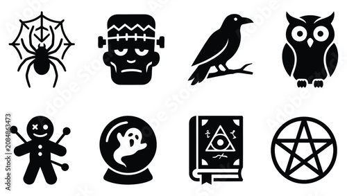 Obraz na płótnie Halloween icons set including spider web frankenstein crow owl voodoo doll cryst