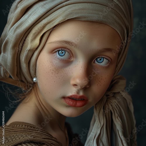 CLOSE UP PORTRAIT OF A SERENE YOUNG GIRL WITH BLUE EYES WEARING A TRADITIONAL FABRIC HEADSCARF AND A SINGLE PEARL EARRING, RENAISSANCE FINE ART STYLE