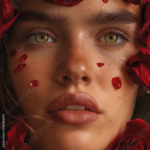 CLOSE UP PORTRAIT OF A BEAUTIFUL YOUNG WOMAN WITH INTENSE GREEN EYES AND NATURAL FRECKLES FRAMED BY DEEP RED ROSES AND PETALS