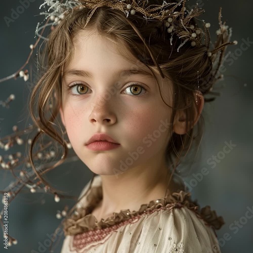 CLOSE UP PORTRAIT OF A SERENE YOUNG RENAISSANCE GIRL WITH EXHAUSTIVE EYE GAZE WEARING WINTER FROSTED TWIGS IN HAIR