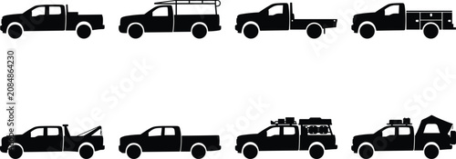 Collection of pickup truck silhouettes with work and utility modifications