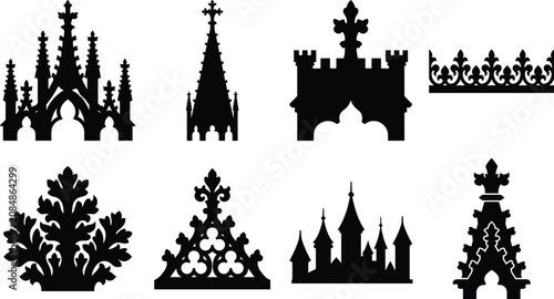 Tableau sur toile Gothic ornament silhouette illustration set, cathedral spire tracery foliage arc