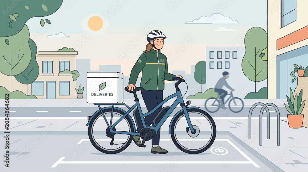 Fototapeta premium Delivery person with electric bike in city, eco-friendly transport