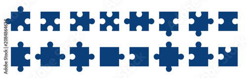 Set of dark blue jigsaw puzzle pieces arranged in two rows on transparent background