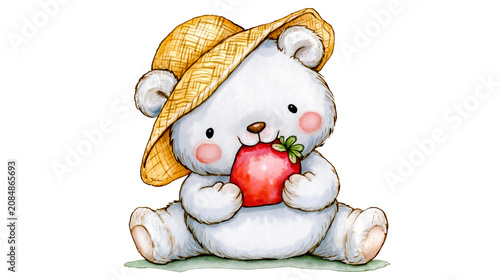 A cute white teddy bear wearing a straw hat and eating a red apple
