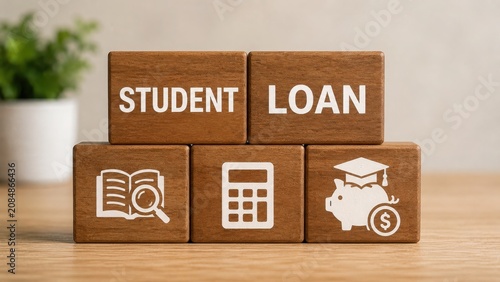 Wooden blocks with student loan text and educational financial icons on wooden table
