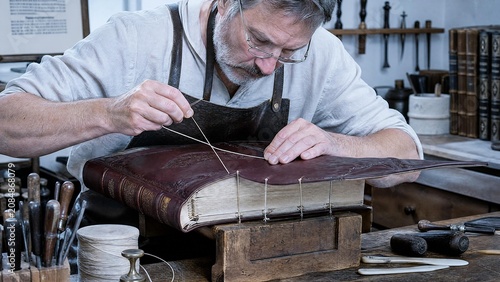 Senior Artisan Bookbinder Hand-Sewing an Antique Leather Book in a Traditional Workshop