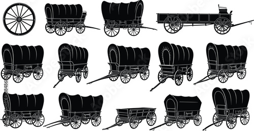 Fotografie Covered wagon silhouette illustration collection, historical outline figure, tra