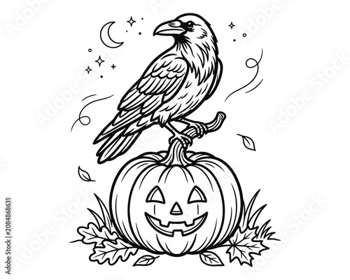Картината върху платно Halloween crow perched on a jack o lantern with moon and stars