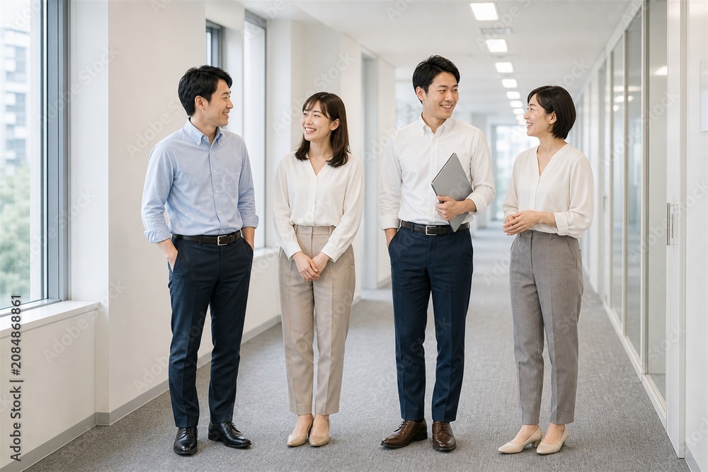 Fototapeta premium 窓際の廊下で立ち話をする四人チーム