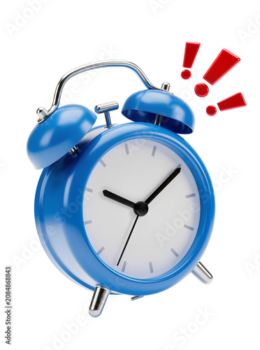 Isolated blue alarm clock ringing loudly with red exclamation marks symbolizing urgency.