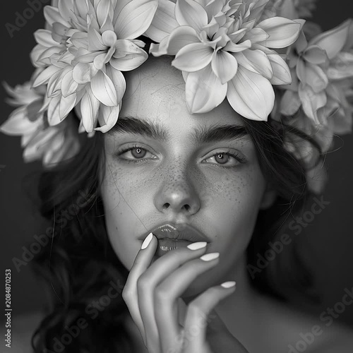 CLOSE UP PORTRAIT IN BLACK AND WHITE OF A SERENE YOUNG WOMAN WITH HER HAND TO HER FACE WEARING A LARGE DAHLIA FLOWER CROWN