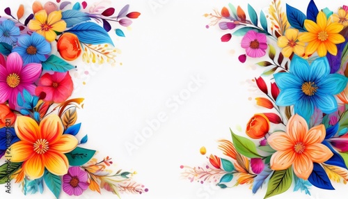 bright floral border with various blooming flowers and petals on a white background blue orange pink yellow and green leaves create a lively decorative frame for text