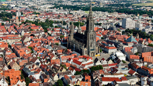  A panoramic aerial view beside the old town and münster cathedral in the city Ulm in Germany on a sunny summer afternoon. 