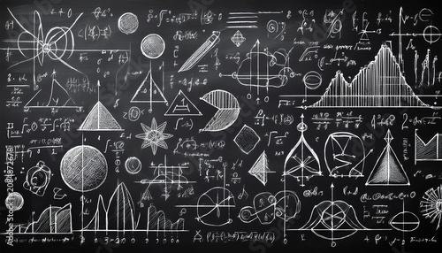educational background featuring hand drawn white chalk sketches of mathematical formulas physics equations science symbols and geometry tools on a classic black chalkboard for school themes