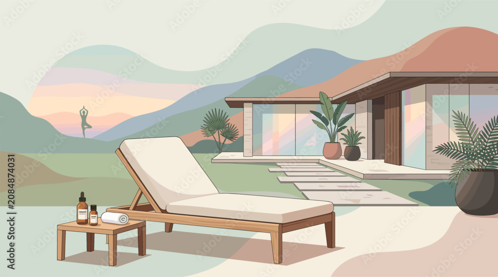 Fototapeta premium A peaceful modern luxury spa villa featuring a lounge chair, essential oils, and yoga silhouette. Perfect for wellness, travel, relaxation, meditation, and hospitality concepts.