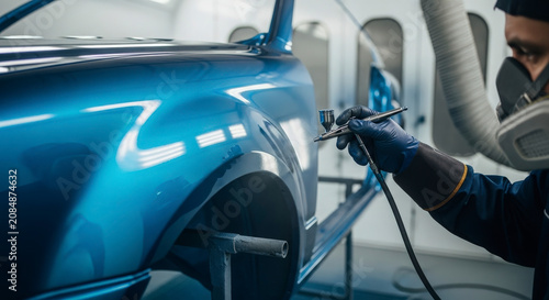 Professional Spray Painting a Blue Car Body in an Industrial Workshop Studio